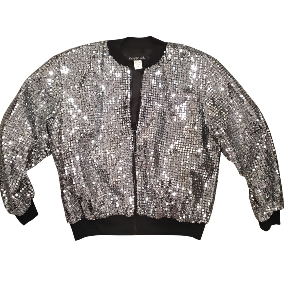 My Kinda Gal Silver Sequin Bomber Jacket Vintage Style Zip Up Sparkly‎ Large